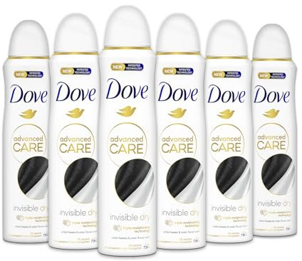 Dove Advanced Care Invisible Dry Deodorant Spray mit feuchtigkeitsspendender und hautfreundlicher Formel, Anti-Flecken-Formel, trockene Haut bis zu 72 Stunden, Deodorant für Damen und Herren, 6 Stück