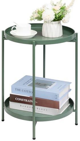 HollyHOME Beistelltisch mit 2 Etagen, runder Metallende, rostfrei, schlichter Sofatisch, modernes Tablett, für drinnen und draußen, klappbarer Couchtisch für Wohnzimmer, Schlafzimmer, (D) 40 x (H) 52