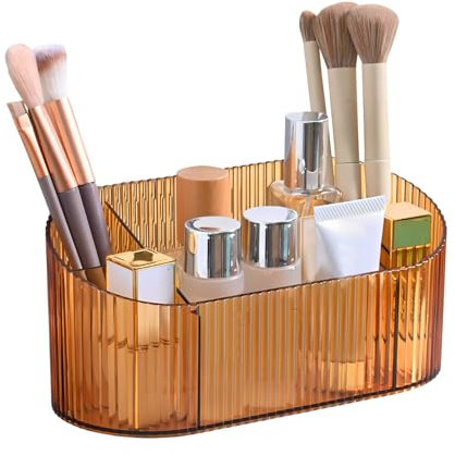 DASITON Makeup Organiser, 5 Slots Makeup Brush Holder Storage Cup, Vintage Striped Make Up Brush Holder Cosmetic and Skincare Organiser for Dressing Table, Vanity, Bathroom, Desktop (Yellow)