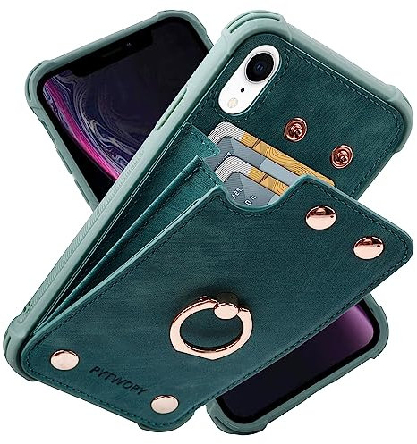 PYTWOPY Schutzhülle für iPhone XR/10R, mit Kreditkartenhalter, stoßfeste Schutzhülle, unterstützt um 360° drehbaren Ringständer und RFID-Blockierung für iPhone XR, iPhone 10R, Blaugrün