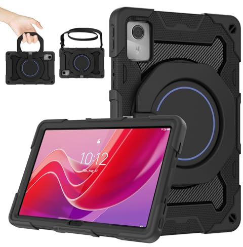 ROISKIN Lenovo Tab M11 2024 Hülle: Robuste, stoßfeste Hülle mit Displayschutzfolie & 360° Drehbare Ständer & Stifthalter & Schultergurt für Lenovo Tab M11 Tablet, Schwarz