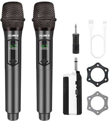 Talomen Microfono Wireless,Microfoni karaoke a 2.4 GHz,Microphone Portatile professionale,Sistema di microfoni dinamici con Ricevitore Ricaricabile,kit 2 microfoni per Karaoke,Festa,Canto,Chiesa,K60-2