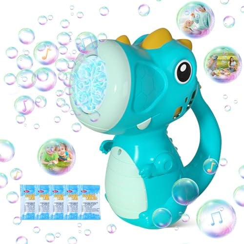 Seifenblasenmaschine Kinder, Elektrische Dinosaurier Bubble Stick Seifenblasenspielzeug Mit Licht und Musik 4000+ Seifenblasen/Min mit Seifenblasenlösung, Bubble Machine für Party, Hochzeit (Blau)