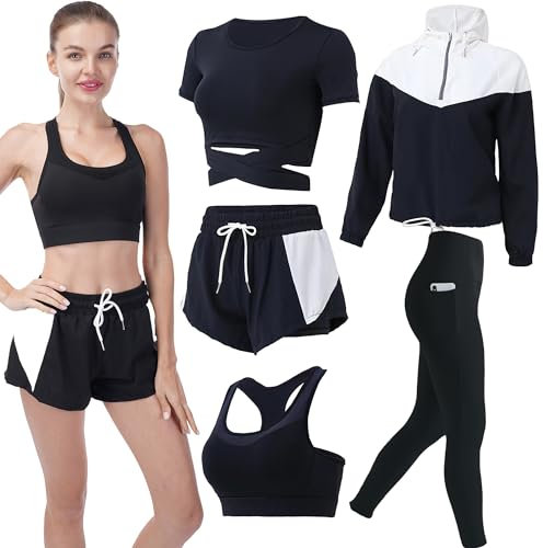 Inmarces 5 Stück Sport Set Damen Sportbekleidung Yoga Set Trainingsanzug Jogging Gym Pilates Sport Outfit Damen Set(BK03,S)
