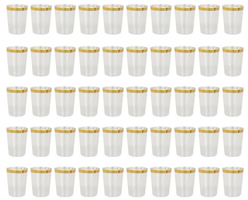 curfair Tassen mit Goldrand, robust, mit Rand, 50 Stück, 284 ml, Elegantes Party-Trinkgeschirr für Hochzeiten, Geburtstage, Cocktailgläser Golden