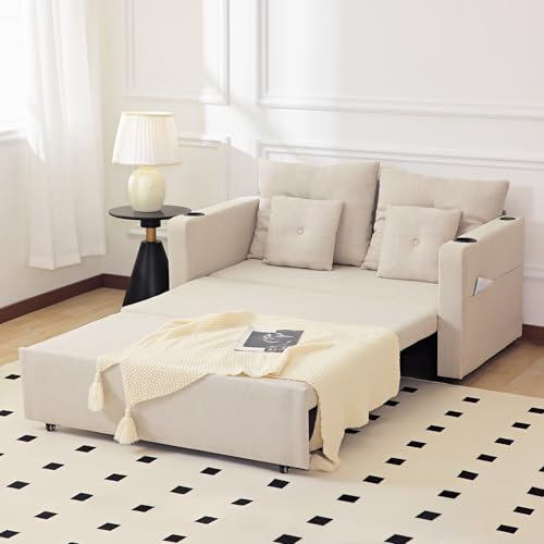 Redlife 3 en 1 sofá Cama de Lino Convertible sofá 2 sofá Doble con Cama de tracción 4 Dormitorio de Sala de Estar de Almohada (Beige)