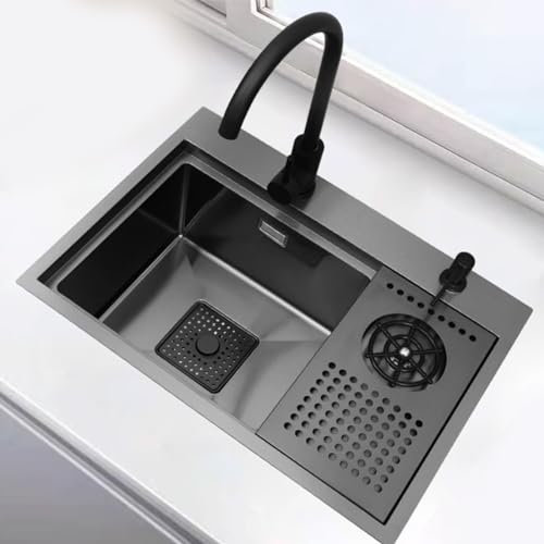 SHENGMIAOHE Fregadero Fregadero Negro Fregadero de Cocina Bar Fregadero con Lavavajillas Cafetería Fregadero 304 Fregadero de Acero Inoxidable con Tapa Fregadero Oculto (Negro, 52X39Cm)/Black/55*30Cm