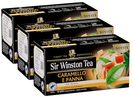 Sir Winston Tea, Tè Nero Aromatizzato al Caramello e Panna, 20 Filtri (3 Confezioni da 20 Filtri), più Gusto e meno Caffeina, Senza Lattosio, Glutine e Allergeni, Vegan