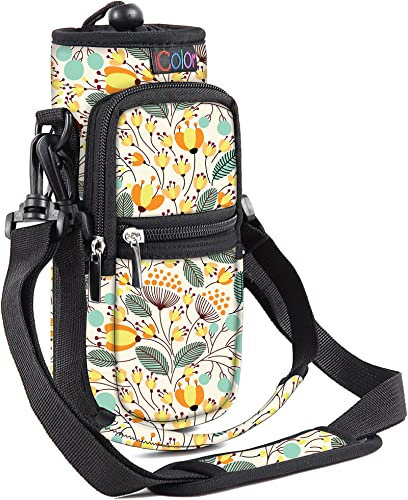 icolor Porte-bouteille d'eau avec bandoulière réglable - Porte-bouteille avec poches pour téléphone - En néoprène (feuille, environ 1000 ml)
