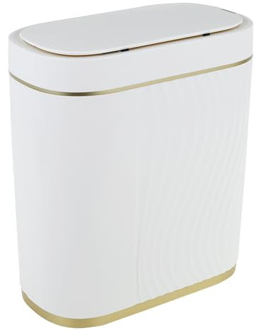 Foppla Motion Sensor Trash Can, 7L Auto Garbage Bin, Battery Powered Smart Trash Can, Low Noise, Waterproof Touchless Garbage Can for Bedroom, Bathroom, Kitchen, Office (White and Gold)
