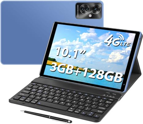 Aidekunlin Tablet with Keyboard，10.1 inch Screen，3GB RAM，128G+128G Memory，4G LTE Android Tablet with Dual SIM Slots, 5MP+16MP Camera, 5000mAh Battery，Notebook Computer，Tablet (Blue, 3)
