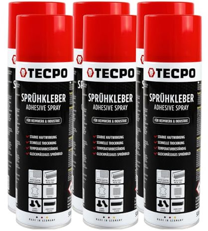 TECPO 6x Sprühkleber, 500ml Industriekleber, Kontaktkleber Alleskleber für Leder, Schaumstoff, Kunststoff, Metall, Papier, Gummi uvm.