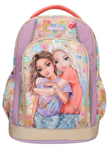 Depesche 13285 TOPModel Girl Power - Schulrucksack in Beige und Lila, mit Model Motiv und bunten Batches, Schultasche mit verstellbaren Trägern