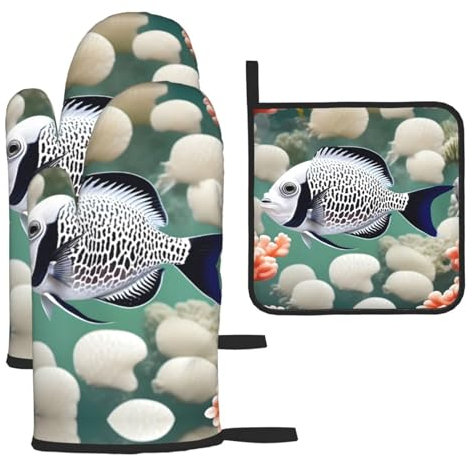 WZYWHJ White Tropical Fish Printing Oven Mitts Pot Holders Set of 3 - Thick, Durable, and Waterproof Fabric for Heat Protection