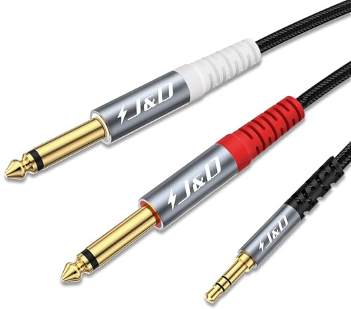 J&D 1/8 to 1/4 Stereo Cable, 3.5mm TRS to Dual 6.35mm TS Mono Y-Splitter Adapter Nylon Braid Jack Breakout Cord for Smartphone, CD Player, Speakers and Home Systems Amplifier, 2 Meter, Grey