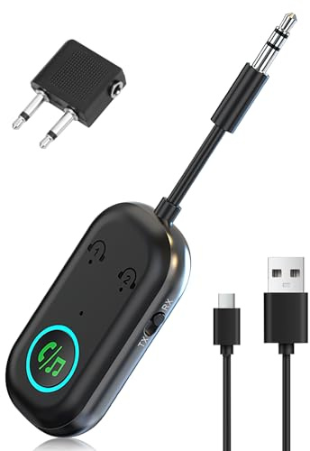 Airplane Bluetooth 5.3 Adapter Transmitter Receiver, Dual Pairing Wireless Car Bluetooth Adapter Compatible with 2 AirPods or Headphones, 3.5mm AUX Jack Audio Transmitter for TV, Planes, Speaker
