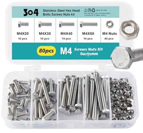 GuoYomm Lot de 80 vis M4 à tête hexagonale en acier inoxydable 304, boulons et écrous, vis pour machine, longueurs : 20 mm, 30 mm, 40 mm, 50 mm