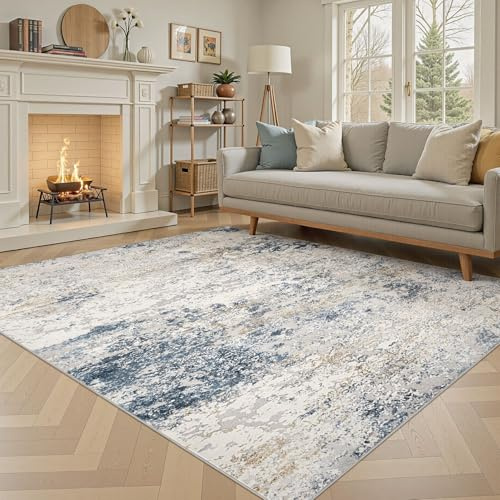 DMOYEST Rugs Living Room Washable Area Rugs Large 160 x 230cm Beige Blue | Thin Carpet for Bedroom Abstract Neutral Modern Rug Soft Non Slip Low Pile Kid Pet Friendly Indoor