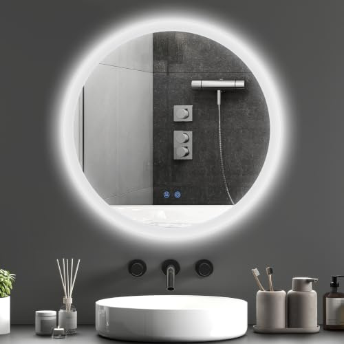 kleankin Espejo Baño con Luz Redondo 3 Colores de Luz IP44 Ø60 cm Plata | Espejo de Pared, Brillo Regulable, Función Antivaho, Función de Memoria, Interruptor Táctil