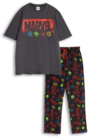 Marvel Avengers Mens Black Multicolour Short Sleeve Long Leg Pyjama Set | Hulk, Iron Man, Thor, Captain America Cartoon Design Merch