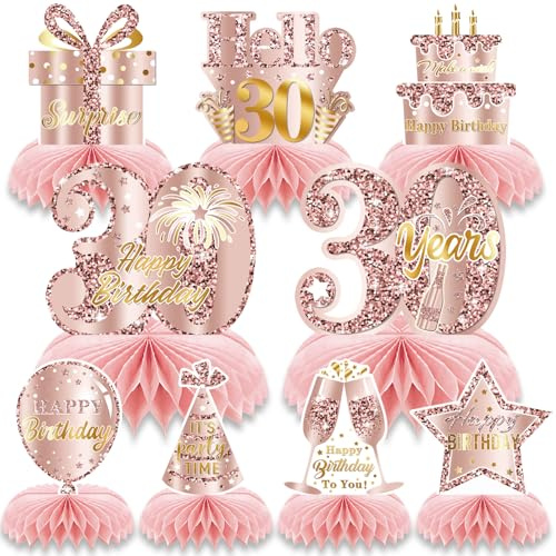 30th Birthday Honeycomb Decorations 9 Pcs Rose Gold Centerpieces Pink Table Decorations for 30th Birthday Party Happy Birthday Table Centerpieces Party Supplies for Women Girls (30th)