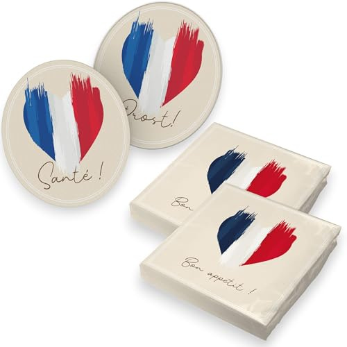 itenga Flaggen Edition – Tischdeko mit internationalem Flair - 40x Servietten mit 40x Bierdeckel – perfekt für Party, Grillabend, Restaurant & Deko (Frankreich)