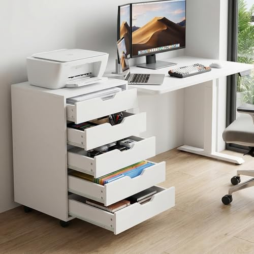 buybyroom Rollcontainer mit 5 Schubladen, Mobiler Aktenschrank mit 4 Rollen, Holz Büroschrank Schreibtisch Unterschrank, Schmal Schubladenschrank Schreibtischcontainer Druckertisch für Büro, Weiß