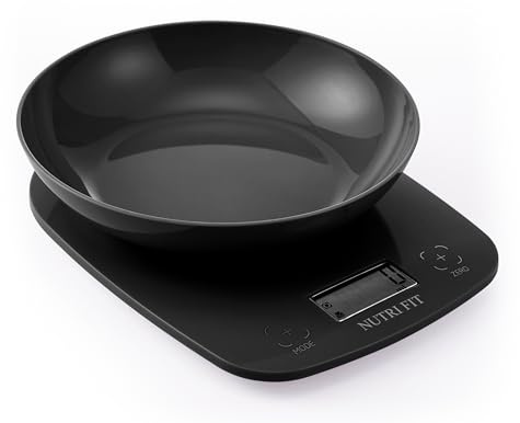 NUTRI FIT Digital Food Weight Scale with Removeable Bowl, 5kg/11lb, Black | 0.7L Bowl Kitchen Scale Baking Cooking, Division 1g/0.1oz, g/ml/lb:oz/fl'oz, LCD Display, 2xAAA Batteries, Food Grade Plastic
