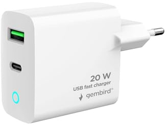 Gembird 2-Port Universal USB Schnellladegerät - USB-C + USB-A, 20 W, LED-Anzeige, kompakt, schnelles Laden, für Smartphones, Tablets und weitere USB-Geräte, Weiß