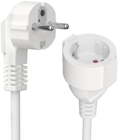 Verlängerungskabel 0,3m mit Schutzkontaktstecker Schuko, IP20 Kabel Kabelverlängerungen - 250 V, 16 A, 3680 W - Schutzkontakt 90° Winkelstecker H05VV-F 3G1.5mm², erhöhter Berührungsschutz - weiß
