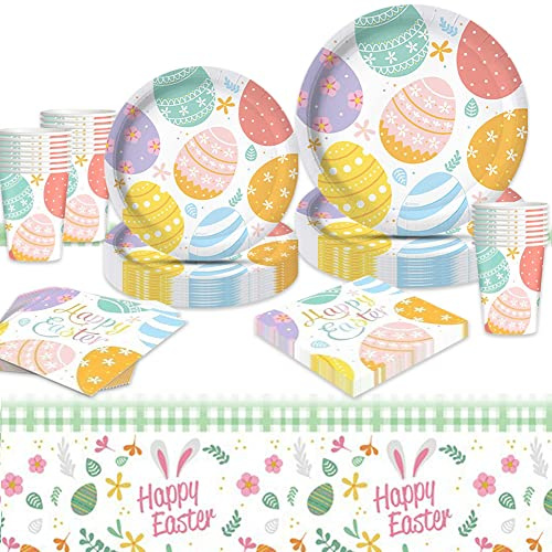 Moerstar 81 Pezzi Stoviglie per la Festa di Pasqua Set con Piatti di Carta Uova di Pasqua Tovaglia Tovaglioli Pasqua Happy Easter Uovo Stoviglie Decorazioni (A)