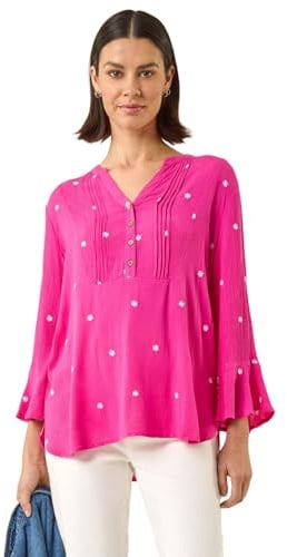 Roman Originals Pintuck Shirt for Women Ladies Jersey Blouse Collarless Top Flare Crinkle Notch Neck Tunic 3/4 Length Sleeve Longline Smart Casual Party Going Out - Dot Hot Pink - Size 14