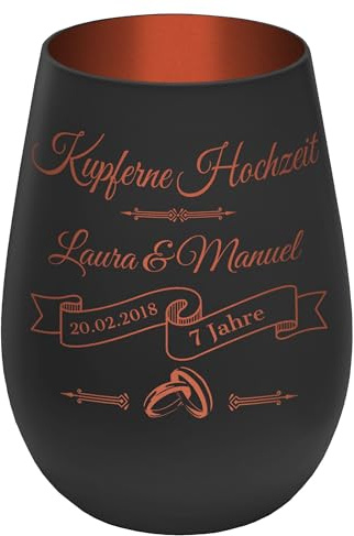 Windlicht mit Gravur - personalisiert - für Hochzeitstag Schwarz/Kupfer mit Motiv 'Kupferne Hochzeit' – mit Namen & Datum – Geschenkidee für Ehepaar, Deko, Teelichthalter, Kerzenhalter