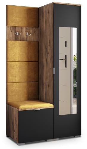 Masseno Flugarderoben Set VIRA, Kleiderschrank-Set mit Spiegel und Sitzbank, Garderobenschrank Flur mit 3 Regalböden, Eiche Lefkas/Schwarz