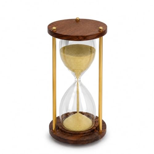Vintage trätimglas sandtimer med gyllene sand- och mässingspelare, klassiskt handgjort sandglas för hemmakontor skrivbordsdekor och gåvor (brun 7,6 x 14 cm)