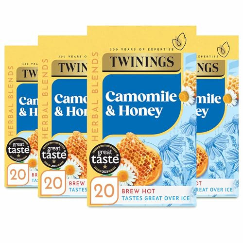 Twinings Camomile and Honey FlavouredTea - 80 Biodegradable Tea Bags (Multipack of 4 x 20 Bags), Soothing Herbal Blend, Caffeine-Free, Naturally Sweetened