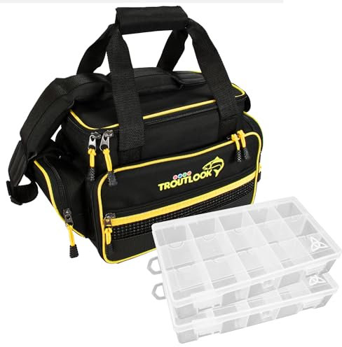 Troutlook Forellentasche, Tasche speziell für Forellenteig, Sbirolino, Bombarden, Posen UVM. mit Schultergurt (Medium inkl. Boxen)