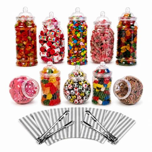 10 Assorted Plastic Sweet Jars, 2 tongs, 50 Bags for Parties, Weddings, Candy Buffet (Silver/Grey)