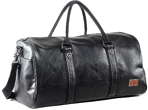 Reisetaschen Herren Leder Wasserdicht Weekender Tasche Großen Kapazität Reisetasche Unisex Vintage Handgepäck Bag schwarz