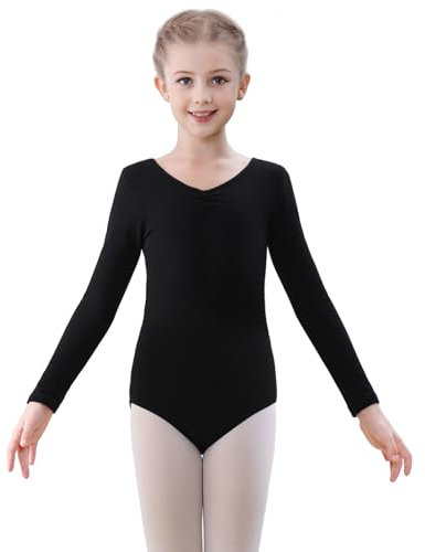 FONLAM Balletttrikot Mädchen Ballettkleidung Turnanzug Mädchen Langarm Gymnastikanzug Tanztrikot Kinder (12-14 Jahre, Schwarz)