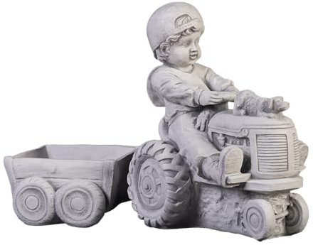 gartendekoparadies.de Junge mit Traktor und Anhänger als Pflanztopf Pflanzgefäß aus Steinguss, H. 32 cm, 1 Liter, 14 kg, Grau, frostsicher für Außenbereich