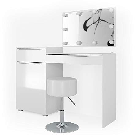 Vicco Schminktisch Lilli, Weiß Hochglanz, 135 cm mit LED Beleuchtung und Hocker
