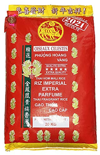 Riz Thai impérial 2021 extra parfumé qualité premium 20KG avec Spatule en bambou - Marque Oiseaux Célestes - Année 2021 (Sac de 20kg seul)
