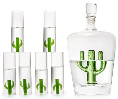 The Wine Savant Tequila Dekanter-Set mit Agave Dekanter und 6 Schnapsgläsern, perfekt als Muttertagsgeschenk für Liebhaber, 750 ml Flasche, 85 Schnapsgläser Cinco De Mayo (Kaktus), Farblos