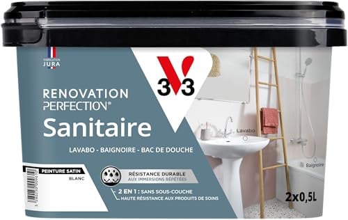 V33 Peinture Rénovation Perfection® Sanitaire Blanc satin - 1L | Haute Adhérence - Lavabo - Baignoire - Bac de Douche