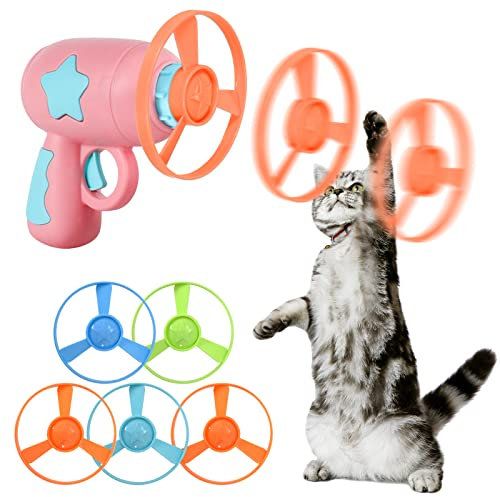 Cat Fetch Toy, Haustier Spielzeug Bunte Fliegende Propeller Disc Katzenspielzeug Chasing Untertasse mit 1 Launchers und 5 Propellers Zufällige Farbe für Interactive, Training, Jagen, Schlagen (Rosa)