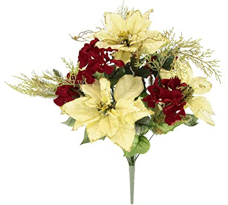 Flair Flower Weihnachtsstern Hortensie Poinsettia Christstern Strauß X'Mas Weihnachtsdeko Kunstblumen Winterblüher Winterblumen Weihnachtsblumen Blumendeko Dekoblume Bouquet, Poinsettia/Hortensie