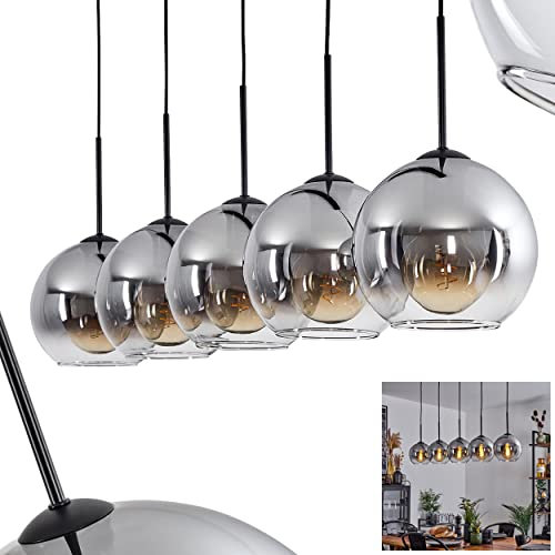 Hängeleuchte Koyoto, Hängelampe aus Metall/Glas in Schwarz/Rauchfarben/Klar, Leuchte 5-flammig im Vintage/Retro Design mit Schirmen aus Glas (Ø 20 cm), Höhe max. 152,5 cm, 5 x E27, ohne Leuchtmittel
