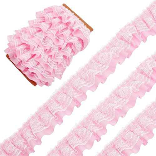 GORGECRAFT 10M Doppellagiger Plissierter Chiffon-Spitzenbesatz 5cm Breit Rosa 3-Lagiger Geraffter Rüschenbesatz Tüllbesatz Stoffband Für Heimwerker Nähen Basteln Kostümverzierungen