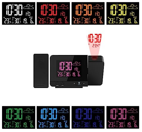 HJRUIUA Wetterstation mit Digitaler Projektionswecker, mit Außensensor DCF, Innen Außentemperatur, Wettervorhersage, Zeit, Schlummerfunktio,8 Farben der Hintergrundbeleuchtung umschaltbarr